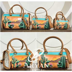 Premium Quality Western Cowhide <b>Medium</b> Speedy Duffle Bag Hand Painted Desert Cactus Leather Duffle <b>Purse</b> Travel Tote for Women's - Product Image 1