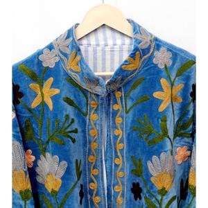 Chaqueta de Terciopelo con Bordado Floral Bohemio, Cuello Mandarín, Manga Tres Cuartos, Frente Abierto, Ropa Exterior Informal, Abrigo para Mujer - Product Image 4