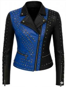 Blue And Black Color Blocked Studded <b>Leather</b> Motorcycle <b>Jacket</b> <b>Men</b> Plus Size Turn-down Collar Zipper Closure Regular Sleeve - Product Image 4