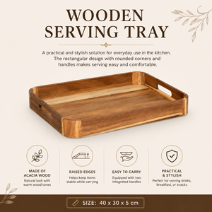 Premium Acacia Wood Serving Tray with Handles | Rectangle Wooden Breakfast Tray for Home Hotel Restaurant Kitchen Coffee <b>Table</b> - Product Image 5