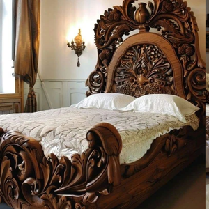 Lit capitonné en cuir tanné luxueux avec des bordures en bois sculpté en profondeur et des motifs floraux. Disponible aux prix de gros. - Product Image 5