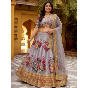 Grey Embroidered Silk Plus Size Lehenga Choli for <b>Wedding</b> Festivals - Product Image 1
