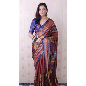 Sari Pichwai de Seda Tussar Marrón Suave, Chal Étnico Tejido con Zari y Estampado Tradicional, 450g Elite Weaves - Product Image 2