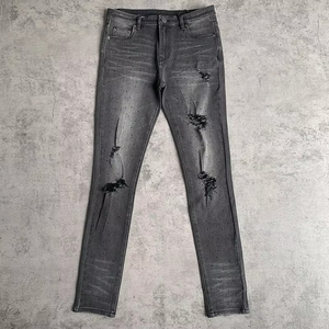 EDGE DENIM Custom logo Plain Vintage Distressed Washed Designer Black Rhinestone <b>Elasticity</b> Stretch Skinny Denim <b>Jeans</b> Men - Product Image 5