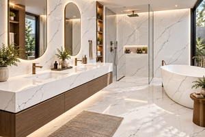 Magnifique dalle de quartz en marbre synthétique Bianco Sicilia pour comptoirs de cuisine modernes, carreaux de salle de bain et dessus de meuble de luxe - Product Image 5