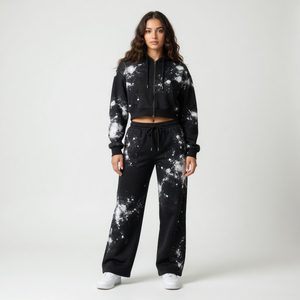 Conjunto de Sudadera con Capucha y Pantalones con Estampado Galáctico Negro para Mujer, Chaqueta Corta con Cremallera, Pantalones Deportivos de Pierna Ancha, Estilo Grunge Oversize, Atuendo Combinado - Product Image 3