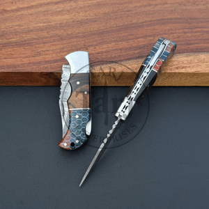 Couteau pliant de poche en acier Damas de haute qualité, fait main, lame utilitaire de survie en extérieur, manche en corne de cerf, pointe tombante, haute qualité OEM - Product Image 5