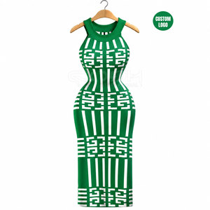 Robe longue moulante en maille sans manches à imprimé géométrique vert et blanc, élégante, de la sororité Cosh International - Product Image 5