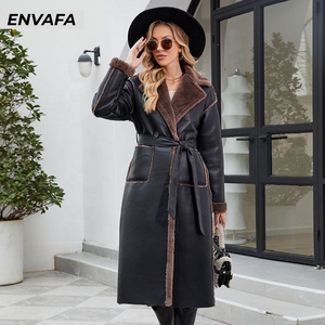High Quality Luxury Belted Turndown Collar Wholesale Customize Thick Winter Solid Casual PU Leather <b>Fur</b> Coat Women's Long Coat - Product Image 4