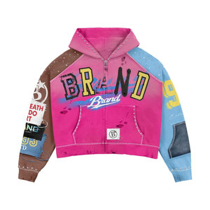 Sudadera con capucha rosa de mezclilla con cremallera para hombre, manga raglán, estampado de letras en patchwork, estilo streetwear lavado, top corto - Product Image 5