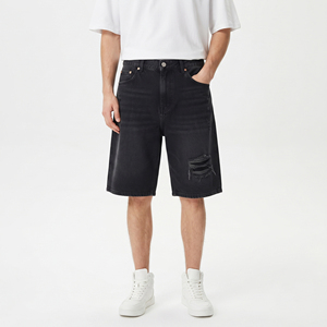 Shorts en jean déchirés noirs délavés pour hommes, style décontracté d'été, avec boutons à la taille - Product Image 2