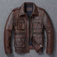 Veste en cuir véritable vintage la plus vendue pour homme, style motard, en cuir de vachette marron délavé, fermeture éclair, col montant, écologique