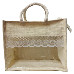 Exclusive Transparent Clear Window Stripped Jute Bags for Wedding Return <b>Gifts</b> <b>Basket</b> Room Hamper Tote Bag - Product Image 1