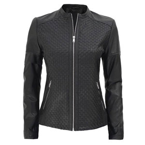 2026 Custom Women’s Black Genuine Lambskin Leather <b>Jacket</b> Textured Weave Pattern Slim Fit <b>Biker</b> <b>Jacket</b> - Product Image 4