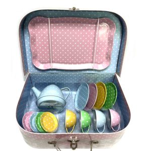 Custom OEM Tinplate Kids Tea Party <b>Set</b> Cute Colorful Polka Dot Metal Teapot <b>Teacups</b> and Tray Pretend Play Kitchen Toys for Girl - Product Image 6