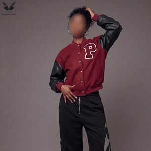 Chaqueta Varsity para Mujer Hecha a Mano 2026, Mangas de Cuero PU Color Granate, Bordado 'Happy Freedom' en la Espalda, para Otoño, Corte Regular - Product Image 3