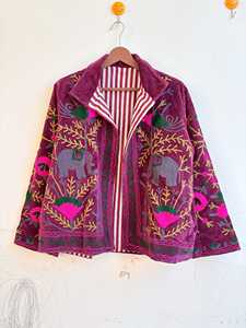 Exclusive Suzani Velvet Jacket Hand Embroidered Short <b>Coat</b> Boho Artisanal Outerwear - Product Image 5