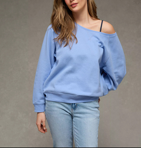 Sweat-shirt décontracté pour femme, bleu clair, à épaules tombantes, manches longues, en tissu éponge respirant, coupe régulière, couleur unie, sexy, pour club, automne - Product Image 1