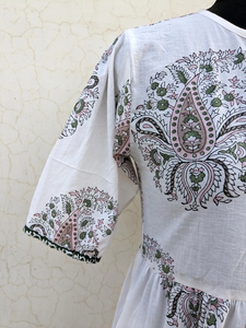 Vestido Corto Boho Estampado a Mano, Vestido de Verano de Algodón con Cuello en V, Manga Corta, Estampado Floral, Vestido Largo Informal para Mujer - Product Image 4