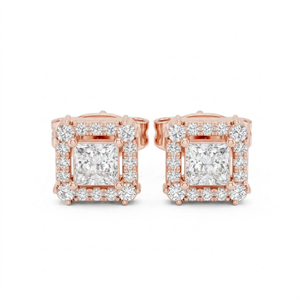 Boucles d'oreilles clous en or rose pour femme, diamant taille princesse, halo géométrique carré, bijoux raffinés - Product Image 1