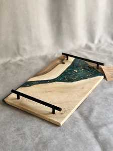 Premium Artisan <b>Epoxy</b> Resin & Solid Wood Serving Tray with Stylish Black Metal Handles for Dining, Entertaining & Home Display - Product Image 4
