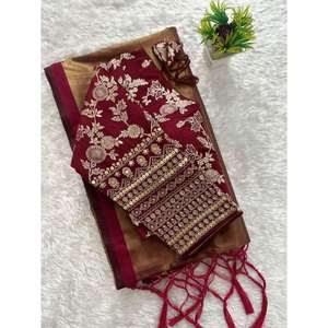 Atractivo Sari de trabajo tejido Zari de seda marrón con blusa cosida - Product Image 1