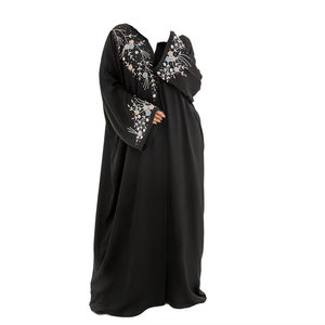 Black Floral Embroidered Abaya Women Long Sleeve Shawl Collar Modest Floor Length Dress Middle East Style Daily Wear Polyester - Product Image 5