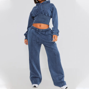 Women's <b>Blue</b> 2-Piece Knitted Set Hooded <b>Crop</b> <b>Top</b> Flare Pants Casual Solid Color Tracksuit Long Sleeve Full Length Loose Fit - Product Image 1