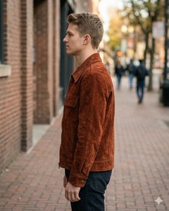 <b>Men</b>’s Classic Brown <b>Suede</b> Trucker <b>Jacket</b> Vintage Western Shirt Collar Leather Coat - Product Image 3