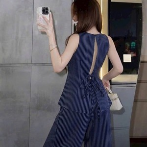 Conjunto de Dos Piezas a Rayas sin Mangas para Mujer, Top Peplum sin Cuello, Pantalones Anchos, Atuendo de Oficina para Dama - Product Image 3