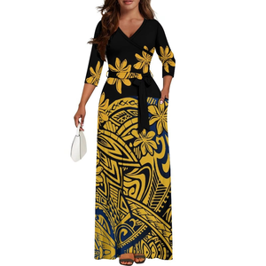 Vestido Maxi Personalizado de Verano para Mujer, Cuello en V, Cinturones, Diseño Tribal Polinesio, Manga 3/4, Bolsillo Lateral, Vestido Samoano - Product Image 3