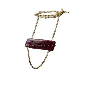 Kalung manik-manik persegi panjang Natural Ruby, perhiasan wanita rantai panjang 18 "perak murni 92.5 emas dipoles