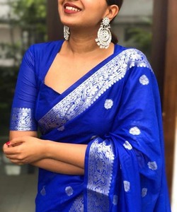 SAREE DE SEDA LICHI CON TRABAJO DE JACQUARD MÁS VENDIDO CON BLUSA SIN COSTURAR AZUL 84770 - Product Image 3