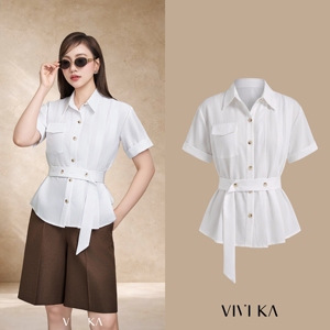 Blusa Elegante Blanca de Manga Corta para Mujer, con Botones Asimétricos, Cintura Ajustada con Cinturón, Estilo Casual, Transpirable, SILAS - Product Image 1