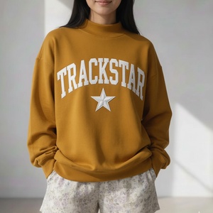 Womens Mustard Yellow Oversized <b>Mock</b> <b>Neck</b> Sweatshirt Trackstar Embroidery Heavyweight Fleece <b>Top</b> - Product Image 1