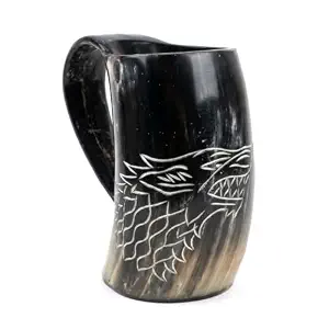 Jarra Vikinga de Cuerno de Buey Auténtica para Cerveza y Sidra, Estilo Vintage con Asa y Diseño Tallado de Lobo Fenrir, Pulido, para el Hogar - Product Image 4