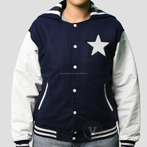 Veste universitaire bleue personnalisée avec patchs de broderie blanche en laine véritable et manches en cuir col montant enduit processus - Product Image 1