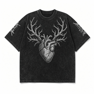 Men's Black Acid Wash Oversized <b>T</b>-<b>Shirt</b> Gothic Antler <b>Heart</b> Print Short Sleeve O-Neck Streetwear Tee - Product Image 1