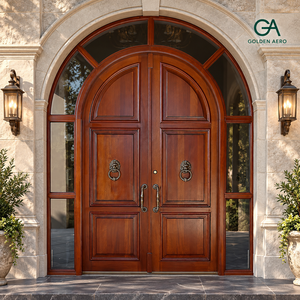 Puerta de Entrada Doble de Madera Sólida Arqueada de Lujo con Paneles Laterales y Travesaño de Vidrio para Apartamentos y Villas Personalizadas GA-39S - Product Image 5
