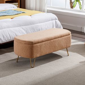 Panca Moderna in Finta Pelliccia di Cammello con Gambe Dorate, Pouf Contenitore per Fondo Letto, Sgabello Imbottito e Pouf - Product Image 3