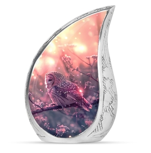 Urna Funeraria Wise Owl en Forma de Lágrima, Plateada y Pulida, con Arte Mágico de Bosque Luminoso para Cenizas Conmemorativas - Product Image 2