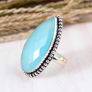 SHYAM JEWELRS Teardrop Aqua Chalcedony <b>Silver</b> Rose Cut Statement <b>Ring</b> Vintage Tribal Beaded Edge Design <b>Boho</b> Hippie Unisex - Product Image 2
