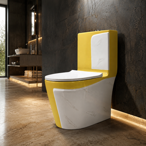 WC monobloc moderne en céramique avec design marbre jaune et blanc, chasse d'eau par lavage - Product Image 2