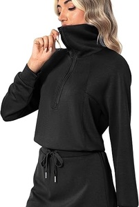 Robe noire à manches longues pour femmes, fermeture éclair sur le devant, taille à cordon, tissu tricoté - Product Image 5