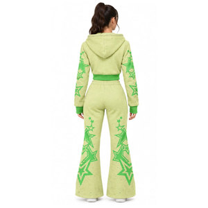 Women's Green Hooded <b>Tracksuit</b> Full Length Zipper Star Print <b>Y2K</b> Style Loose Fit Sweat Suit With Side Pockets - Product Image 2