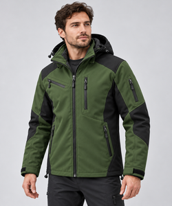 Custom Size <b>Thick</b> <b>Mens</b> Hiking Softshell Jacket Color Block Winter Coat <b>Fleece</b> Lining Windproof Detachable Hood Zipper Closure - Product Image 4