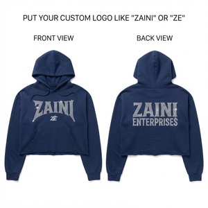 Women <b>Crop</b> <b>Top</b> Hoodie Premium Cotton Fleece 320 GSM Navy Blue Pullover Cropped Fit <b>Rhinestone</b> Custom Logo Embellished Sweatshirt - Product Image 1