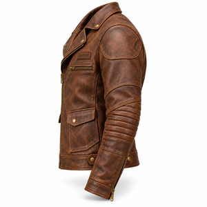 Blouson de motard vintage en cuir de vachette marron vieilli pour homme, avec fermeture éclair asymétrique, vêtements d'hiver OEM - Product Image 4