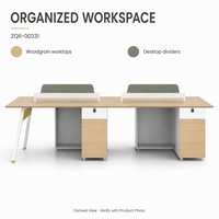 Bureau de travail moderne pour 4 personnes avec armoires de rangement et séparateurs verts, 2800 mm, aspect chêne