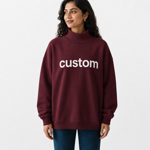Suéter de cuello alto oversize para mujer, ligero, de algodón y forro polar, manga larga, informal, con logo frontal, proveedor OEM ODM - Product Image 1
